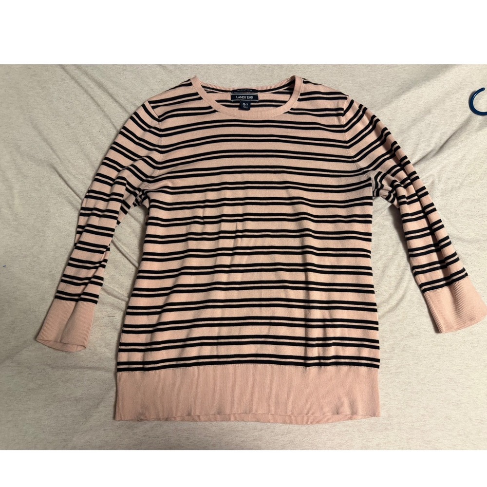 Lands End Womens Pink Navy Striped Supima Cotton Sweater Tall Medium 10-12